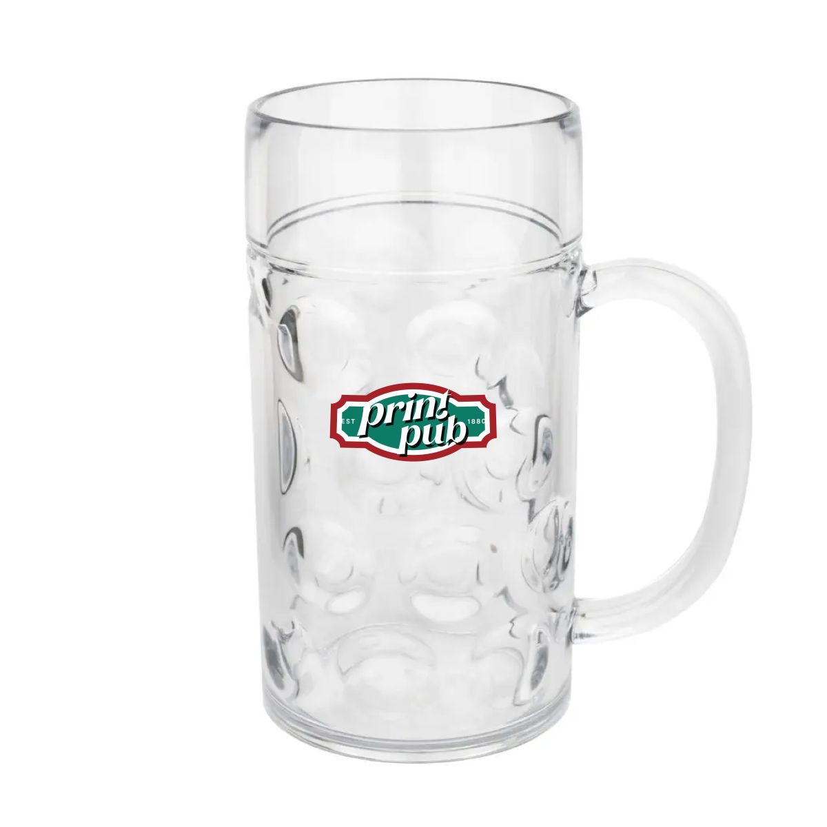 Bierpul van 110 cl. in kunststof met meerkleurig PrintPub-logo op de voorzijde gedrukt.