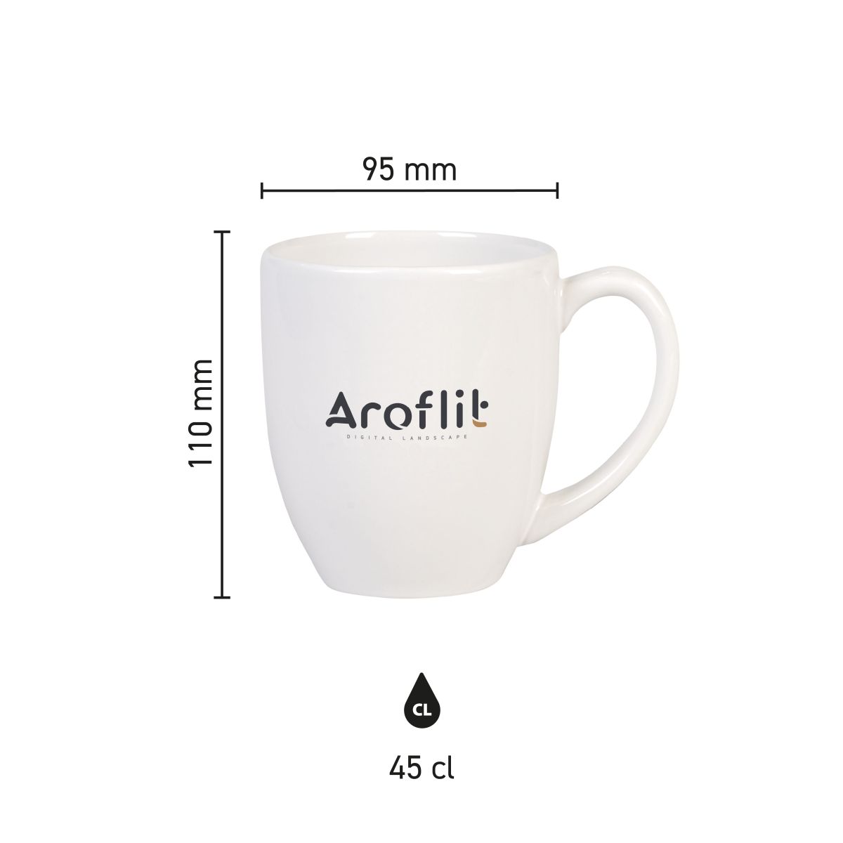Infographic met productafmetingen van Big Drink mok 45 cl van porselein, inclusief hoogte- en diameterdetails.