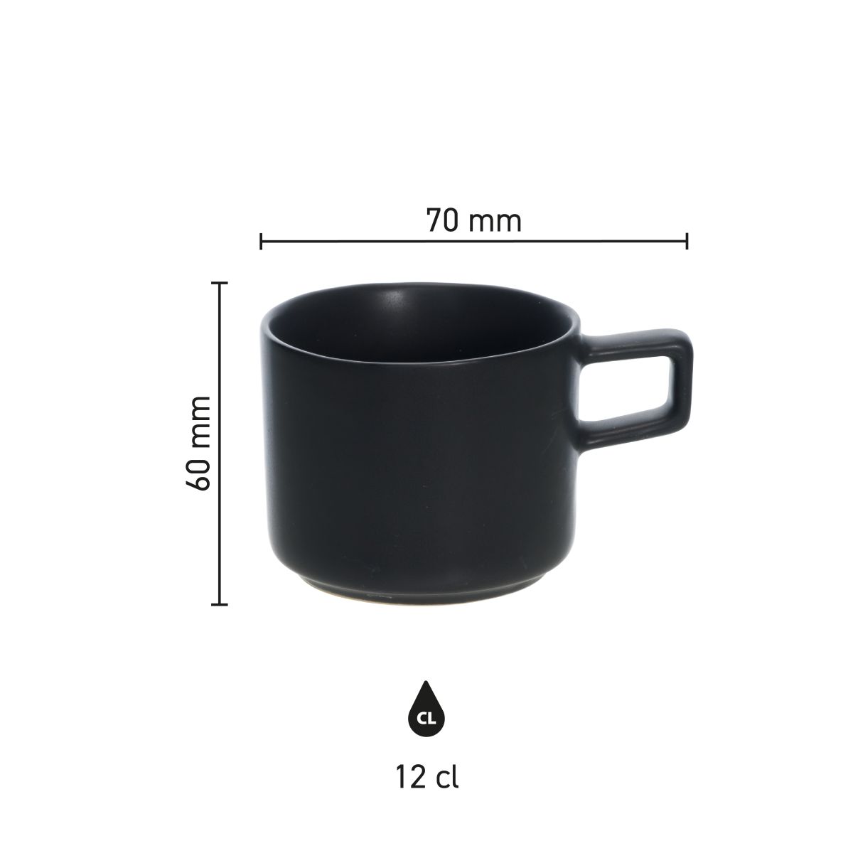 Infografisch overzicht met afmetingen van de Blackwell dubbele espressokop 12 cl. in porselein.