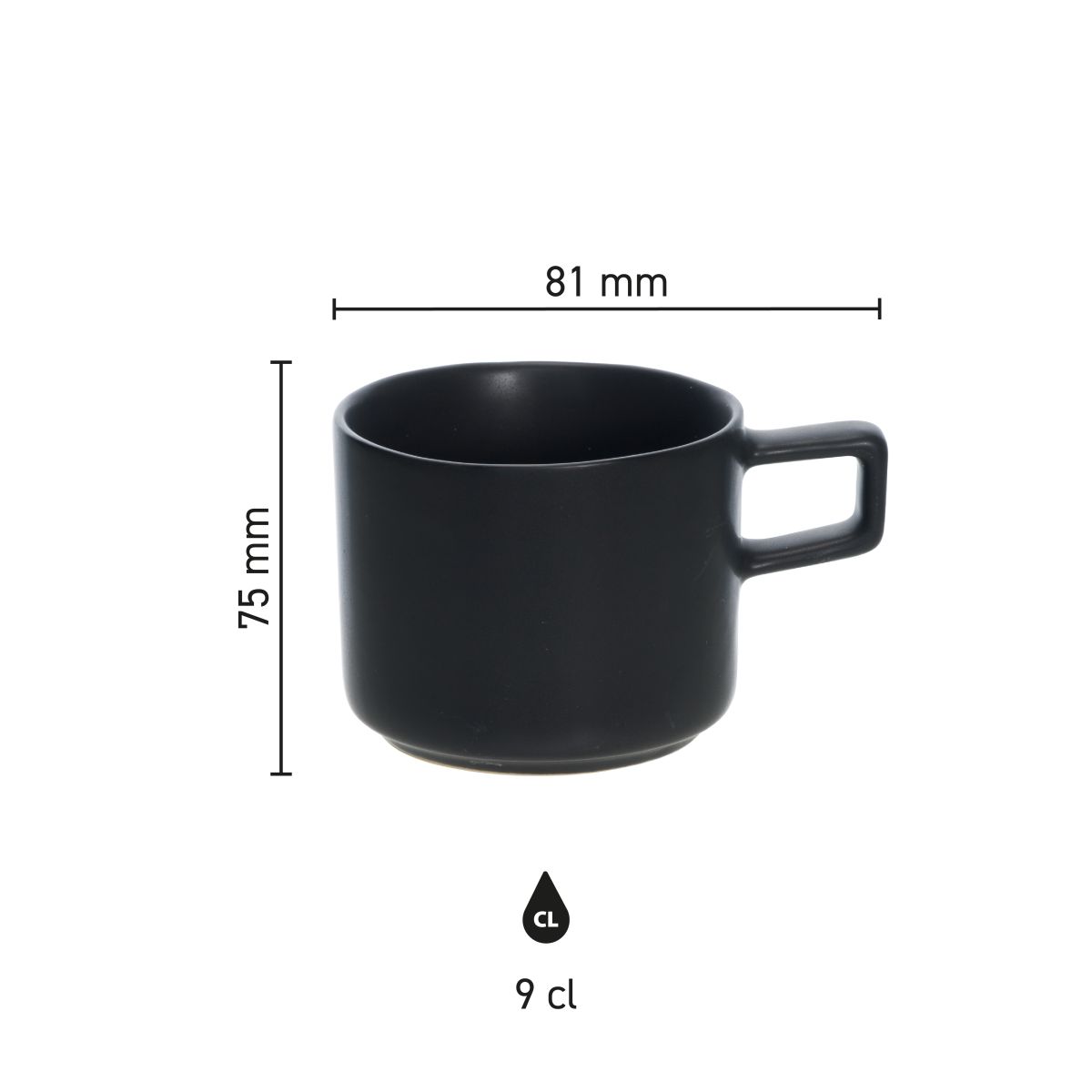 Overzicht met afmetingen van de Blackwell Espresso Kop 9 cl in porselein, inclusief hoogte en diameter.