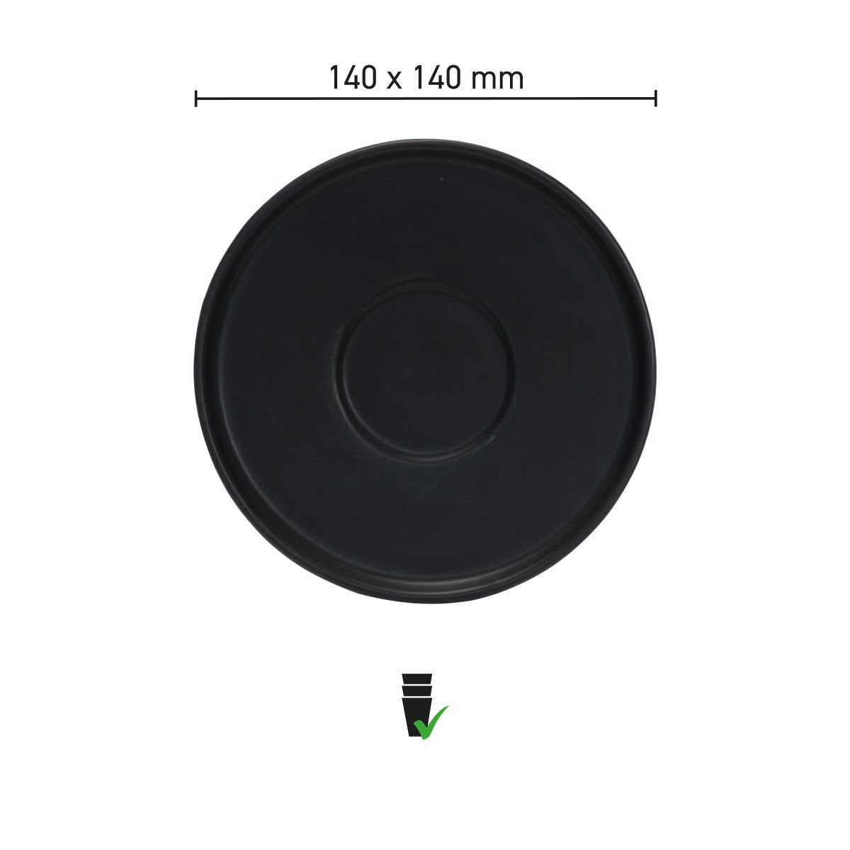 Infographic met productafmetingen van de Blackwell schotel dubbele espresso 14 cm, uitgevoerd in porselein.