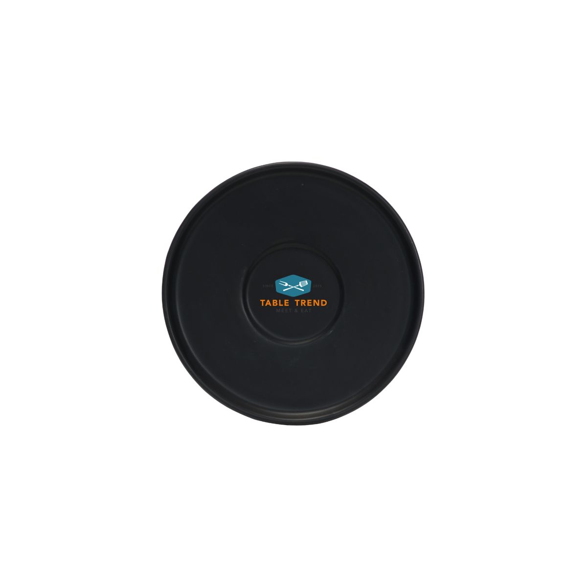 Porseleinen espresso schotel Blackwell 12 cm met meerkleurig TableTrend-logo op het vooraanzicht.