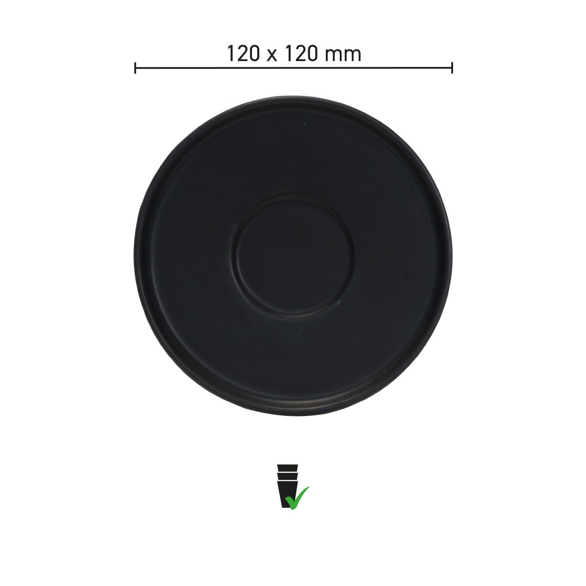 Infografisch overzicht van afmetingen van Blackwell espresso schotel 12 cm porselein met maataanduidingen.