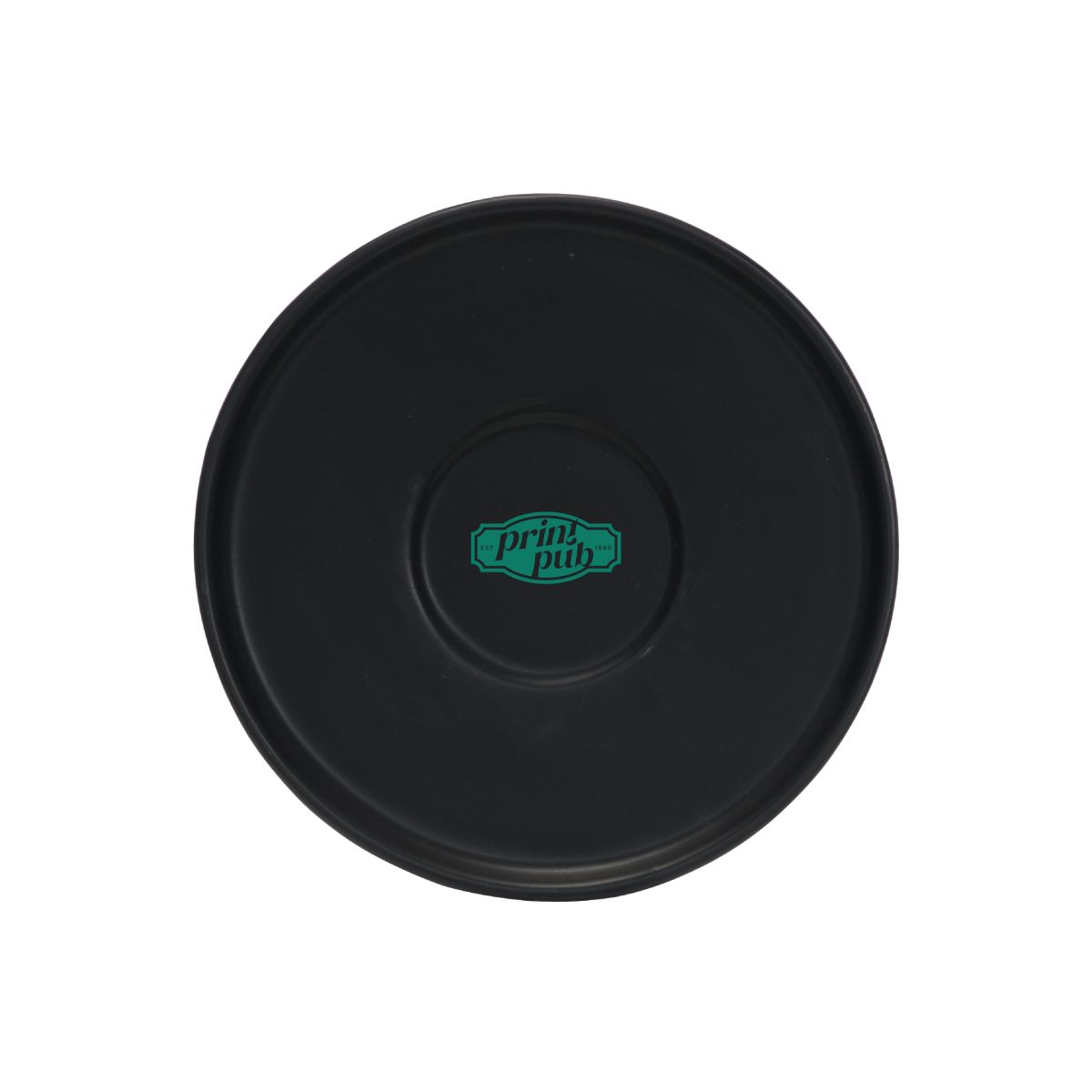Vooraanzicht van de Blackwell koffieschotel 15 cm porselein met een éénkleurig PrintPub logo op het midden.