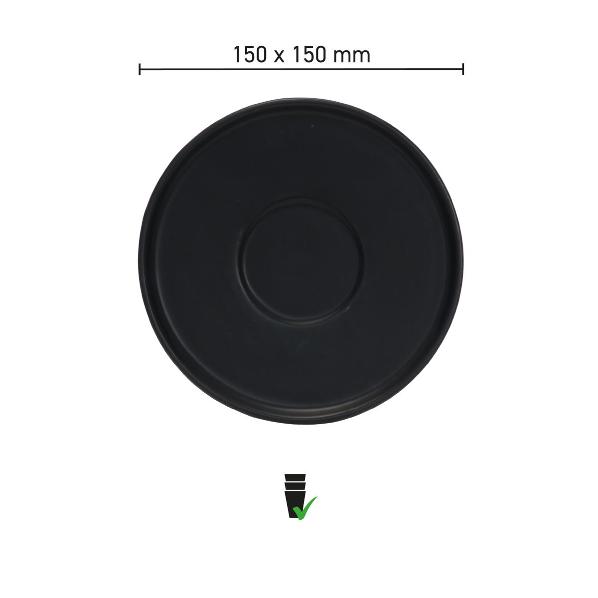 Infographic met de productafmetingen van de Blackwell koffieschotel van 15 cm, uitgevoerd in porselein.