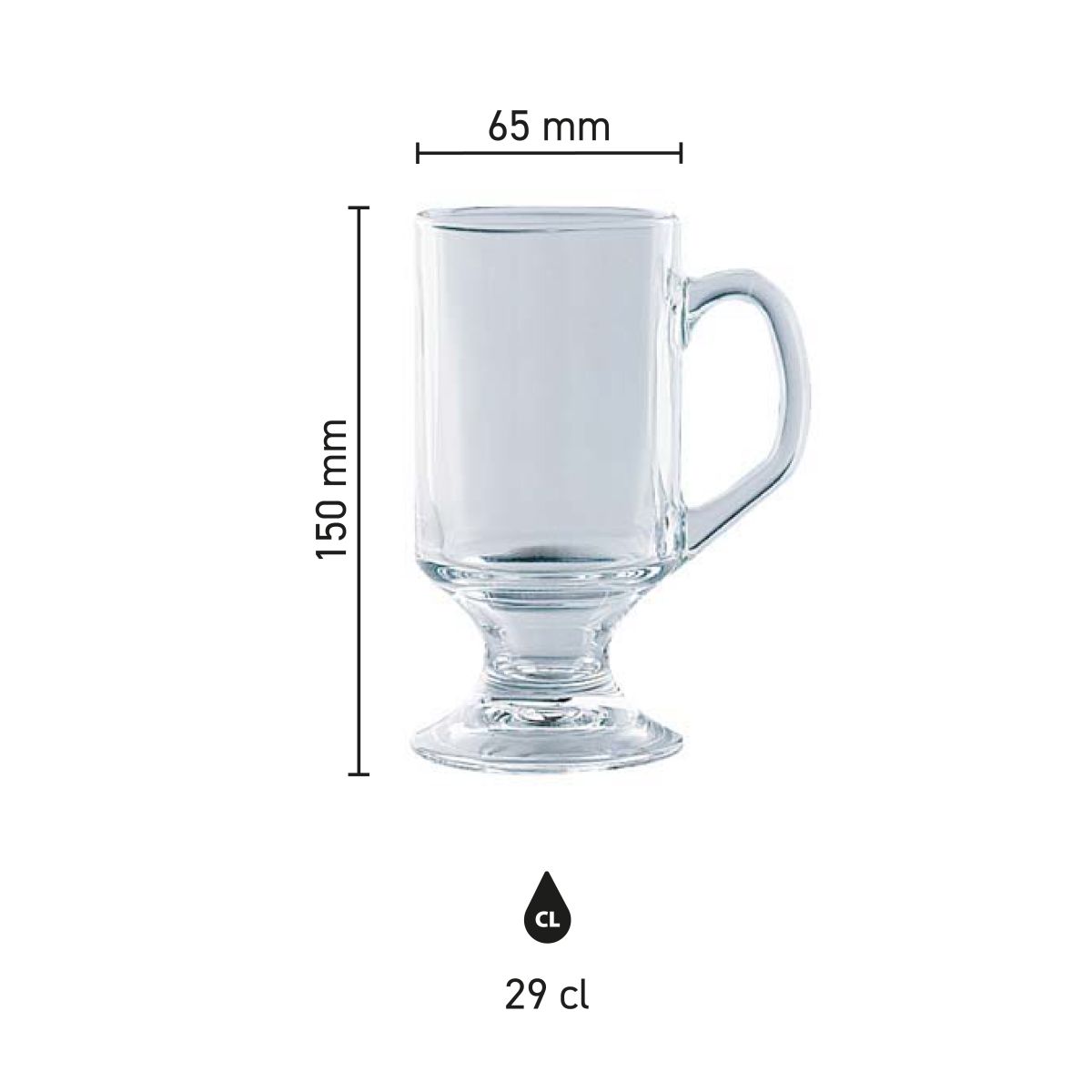 Infographic toont productafmetingen van het Bock bierglas 29 cl. met hoogte en diameter.