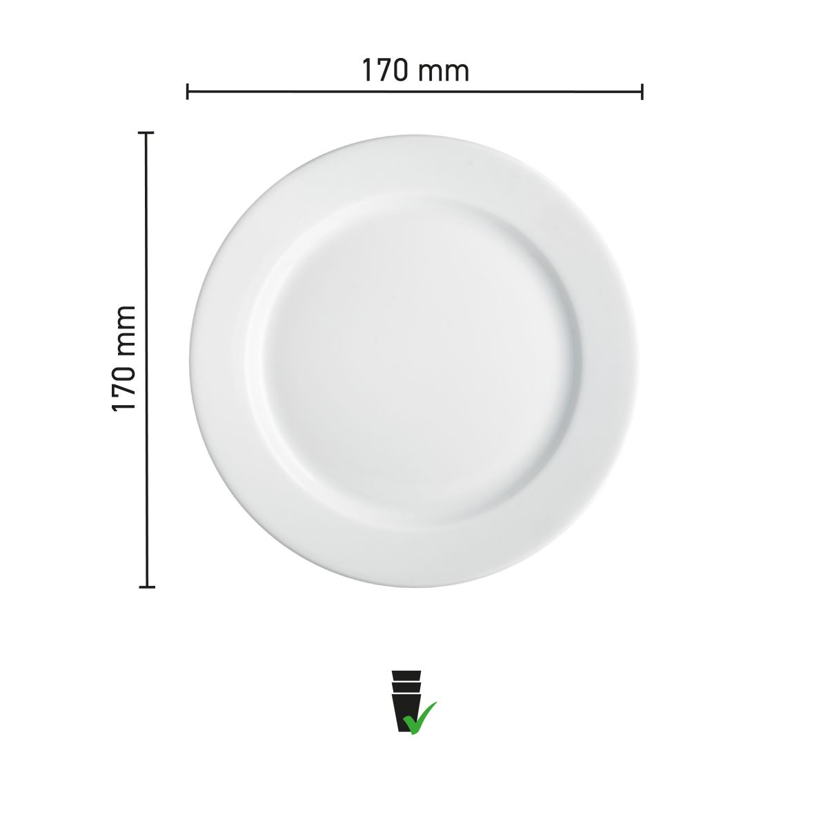 Maatvoering van het bord met brede rand wit 17 cm porselein met diameter en randbreedte in infographic