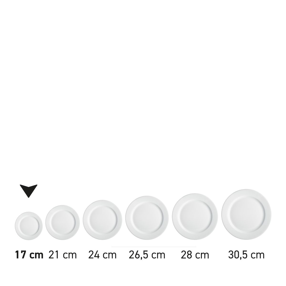 Bord met brede rand wit 17 cm porselein in serie, meerdere exemplaren naast elkaar getoond