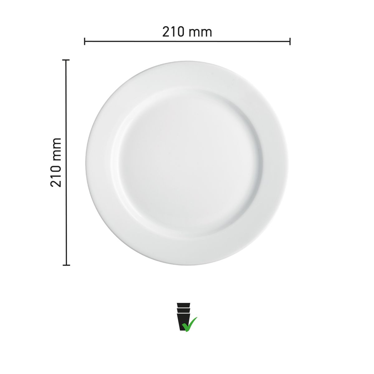Maatvoering van het bord met brede rand wit 21 cm porselein met diameter en randbreedte in infographic