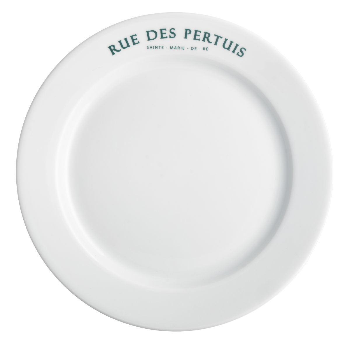 Bord met brede rand wit 28 cm porselein met eenkleurig logo van Rue des Pertuis op de rand