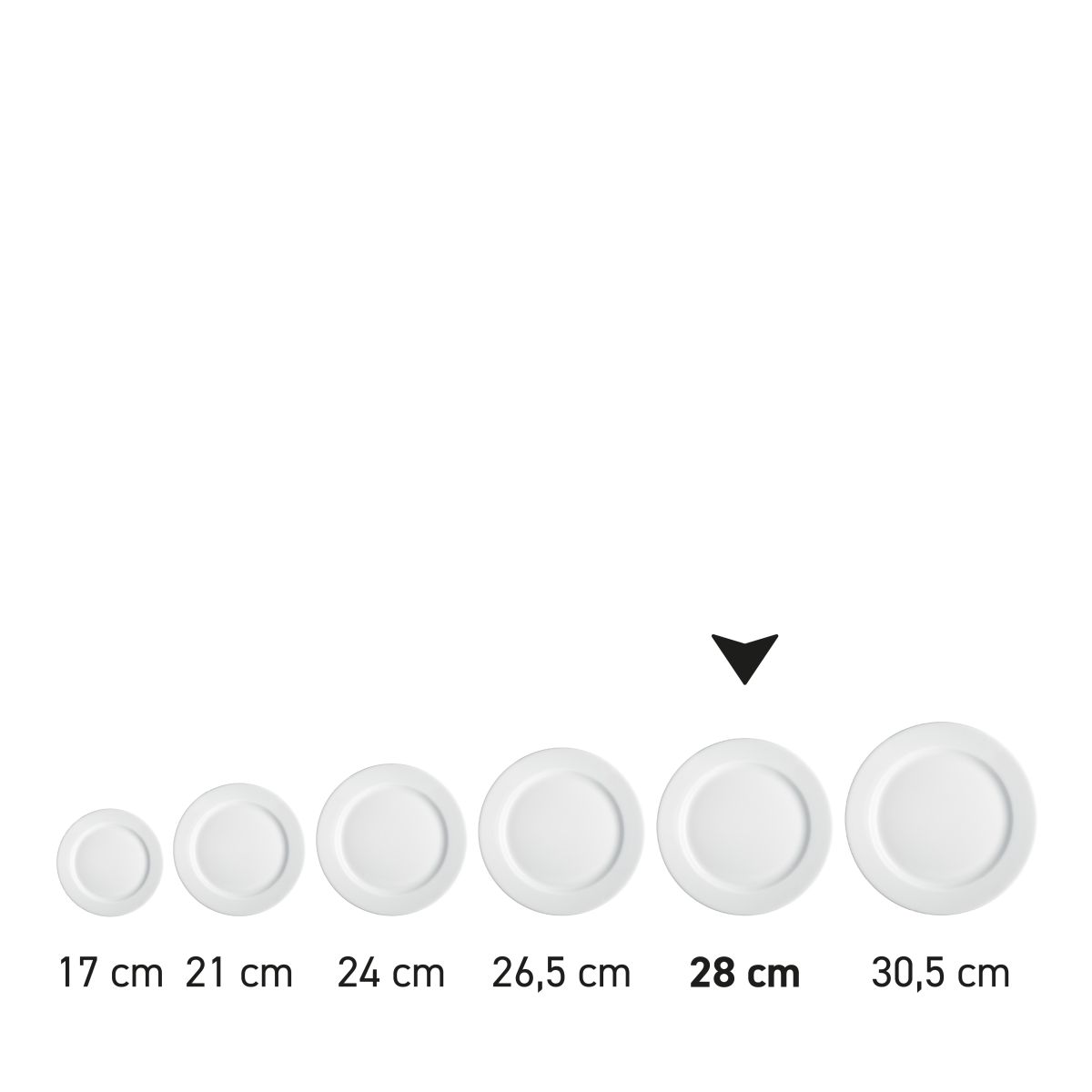 Bord met brede rand wit 28 cm porselein in serie, meerdere exemplaren naast elkaar getoond