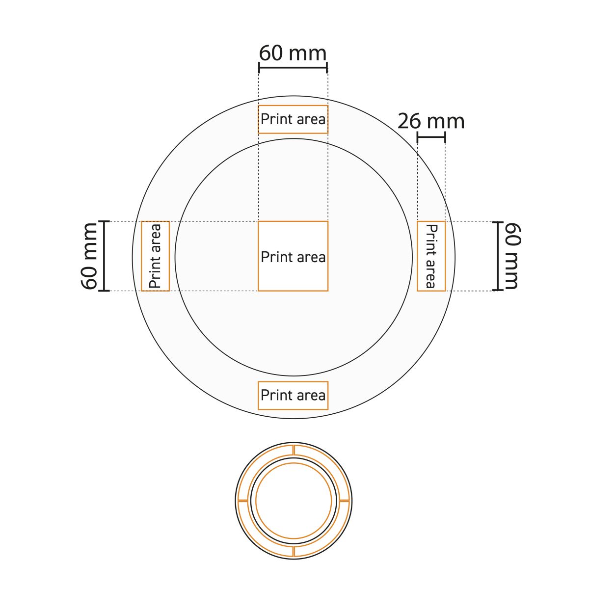 Technische werktekening van het bord met brede rand wit 30,5 cm porselein met drukgebied-aanduiding