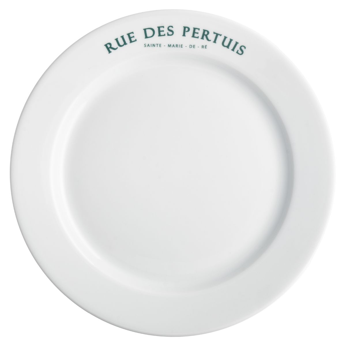 Bord met brede rand wit 30,5 cm porselein met eenkleurig logo van Rue des Pertuis op de rand