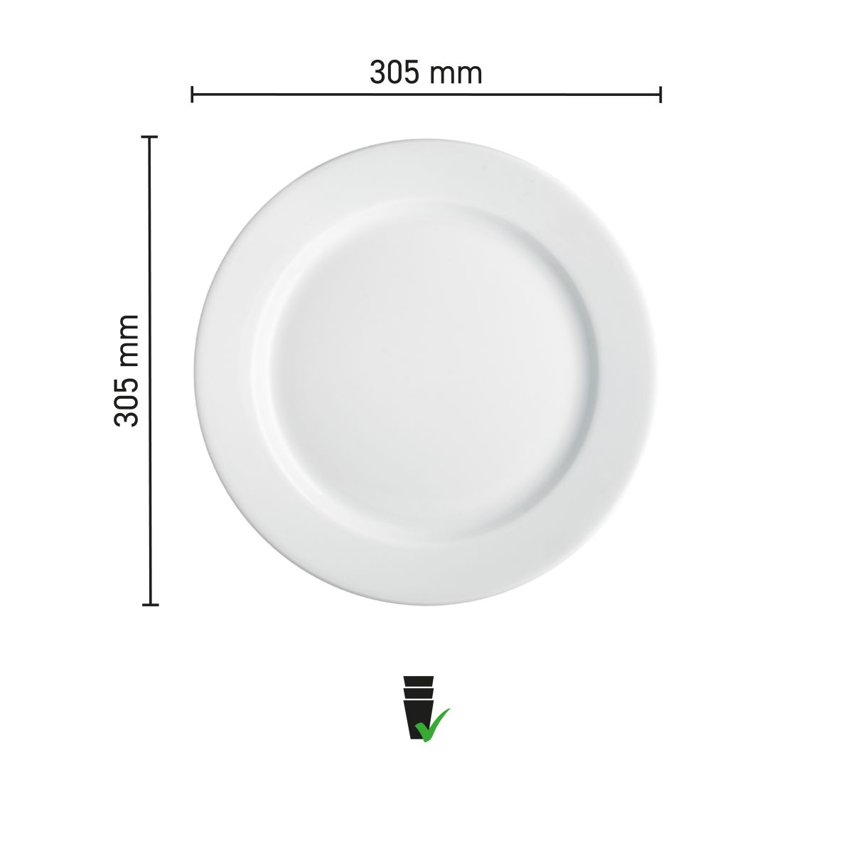 Maatvoering van het bord met brede rand 30,5 cm van wit porselein met diameter en randbreedte in infographic