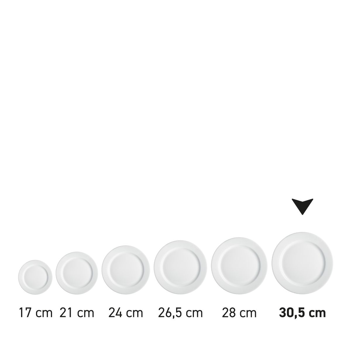 Bord met brede rand wit 30,5 cm porselein in serie, meerdere exemplaren naast elkaar getoond
