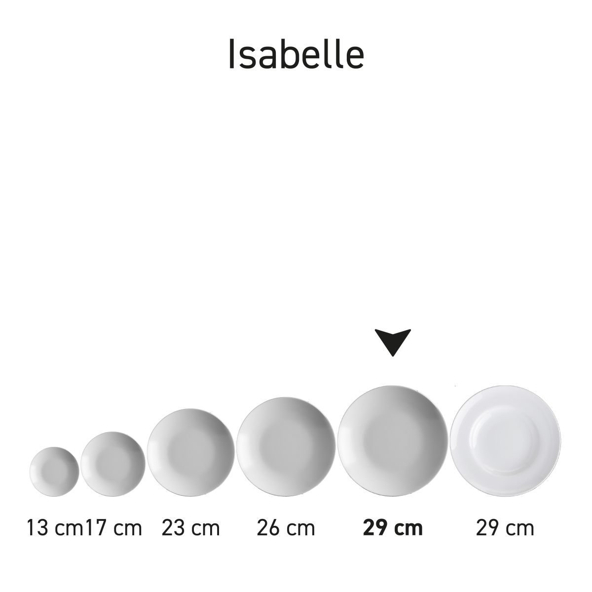 Serieopstelling van Isabelle diepe borden porselein in een complete serviespresentatie.