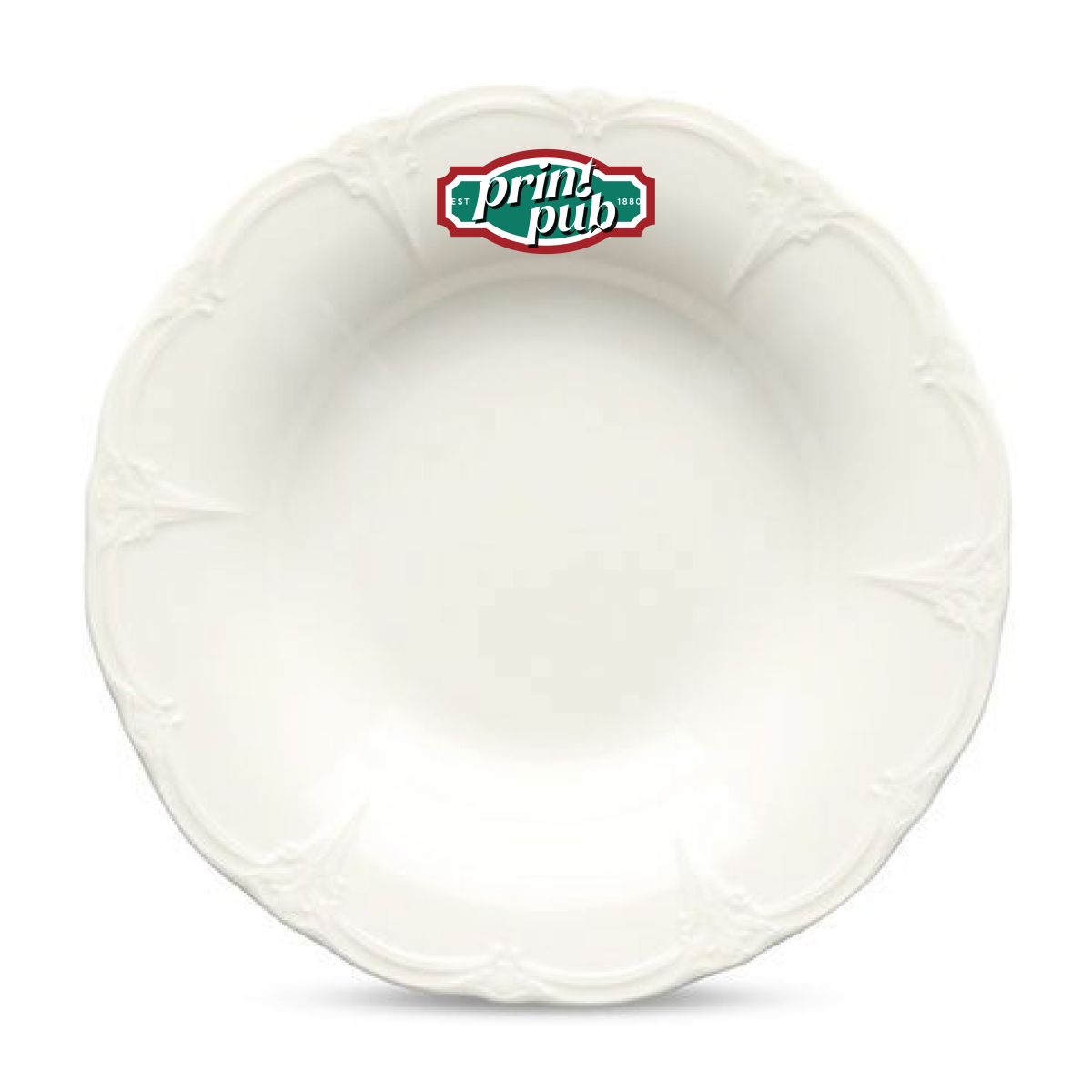 Porseleinen diep bord Retro 24 cm met meerkleurig logo van TableTrend in het midden zichtbaar.