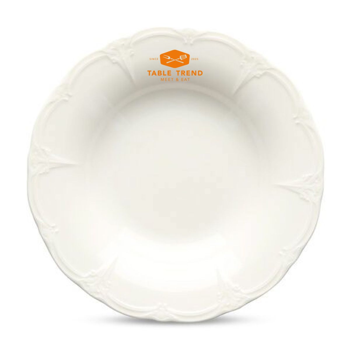 Vooraanzicht van Retro diep bord 24 cm porselein met oranje logo van PrintPub gecentreerd.