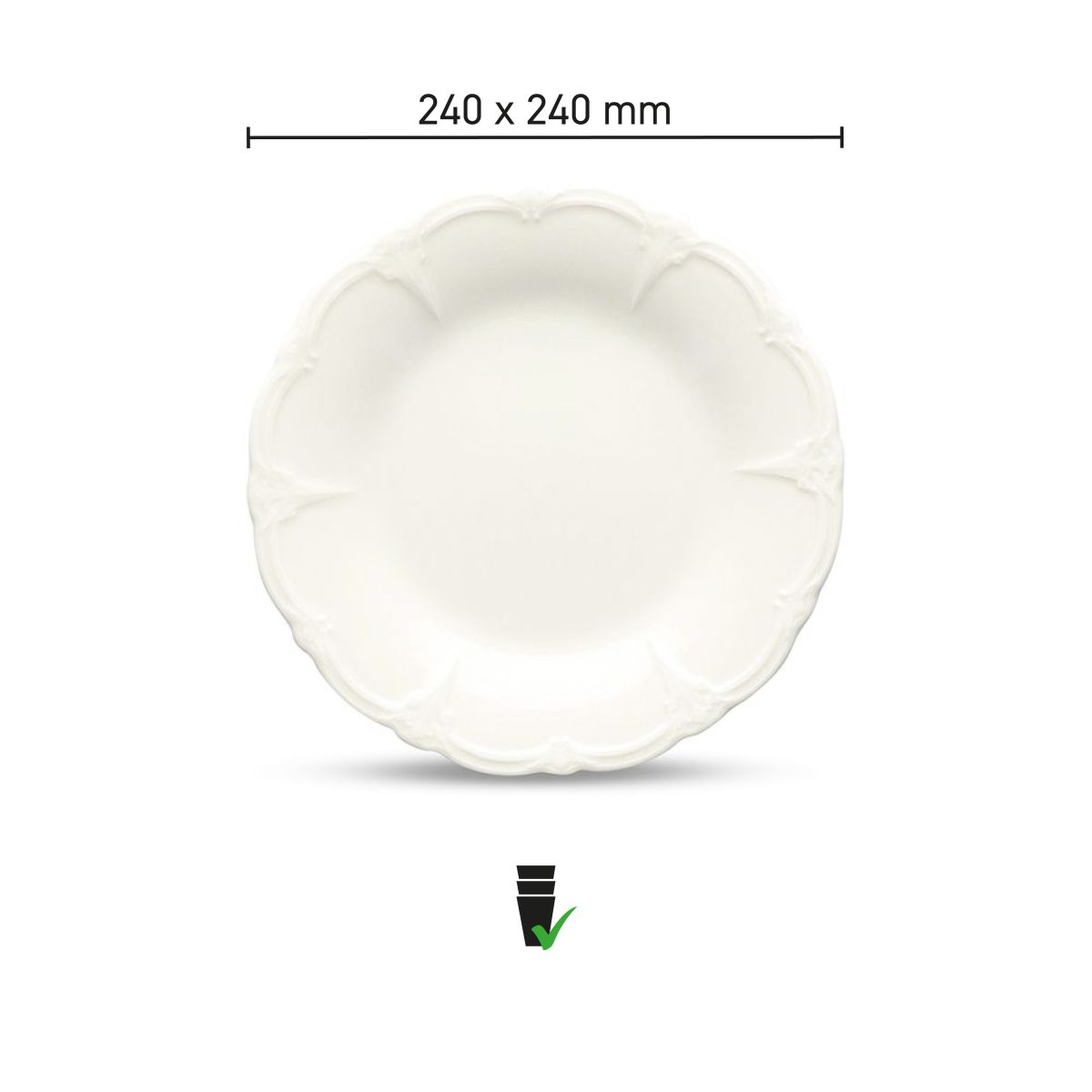 Overzicht met afmetingen van het Retro porseleinen bord 24 cm, inclusief schaal en diameter.
