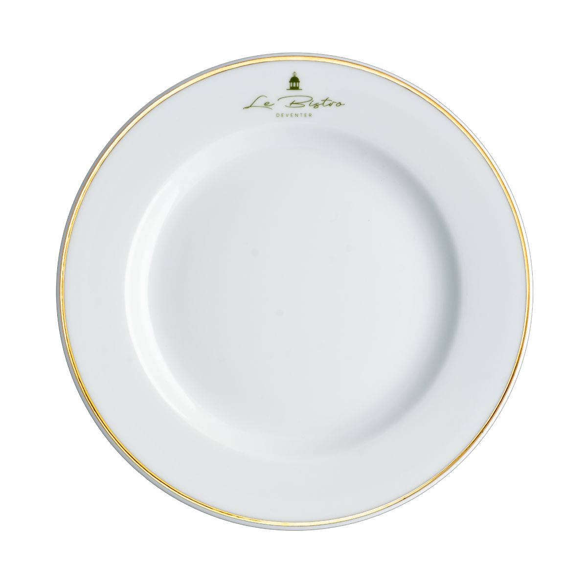 Bord Princip 21 cm porselein met eenkleurig logo van Le Bistro Deventer op het voorpaneel