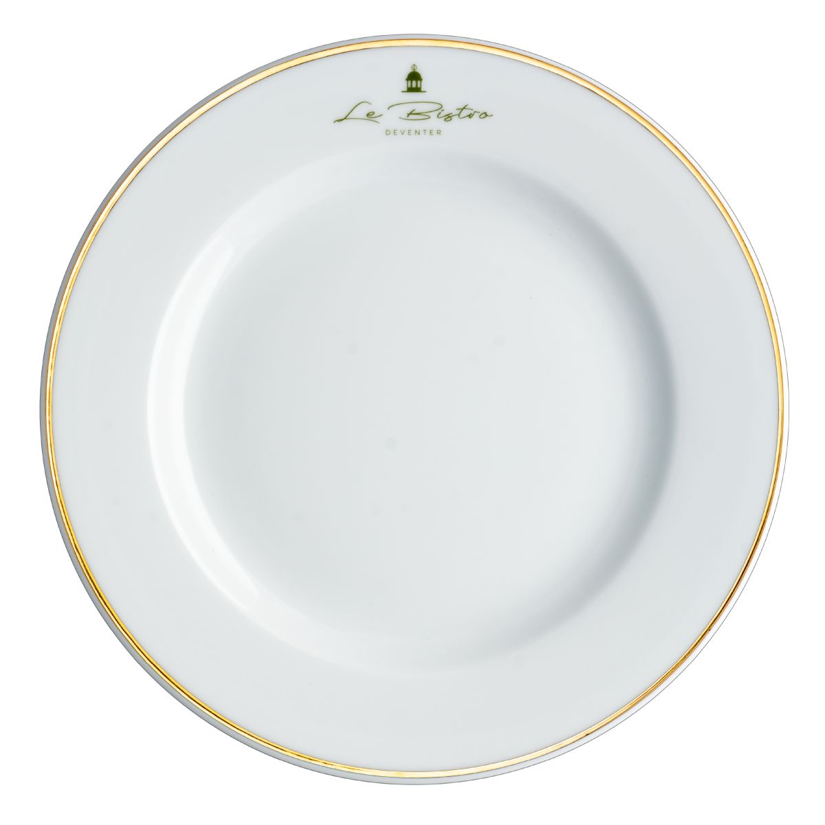 Bord Princip 27 cm porselein met eenkleurig logo van Le Bistro Deventer op het voorpaneel