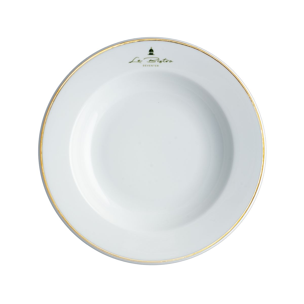 Bord Princip diep 23 cm porselein met eenkleurig logo van Le Bistro Deventer op het voorpaneel