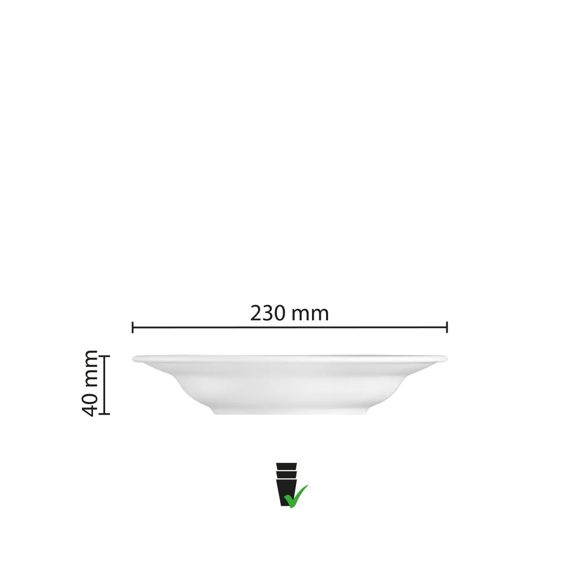 Infographic met afmetingen van het diepe Princip bord 23 cm, inclusief diameter en diepte.