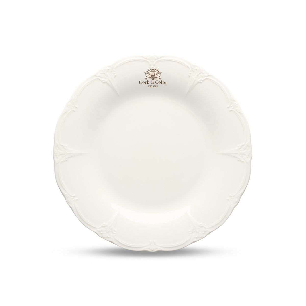 Wit porseleinen bord van 16 cm met éénkleurig logo CorkColor gecentreerd op het vooraanzicht.