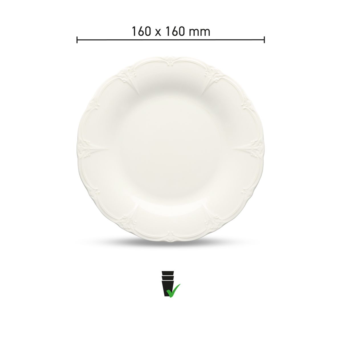 Infografisch overzicht van afmetingen Retro bord 16 cm van porselein met diameter en randhoogte.