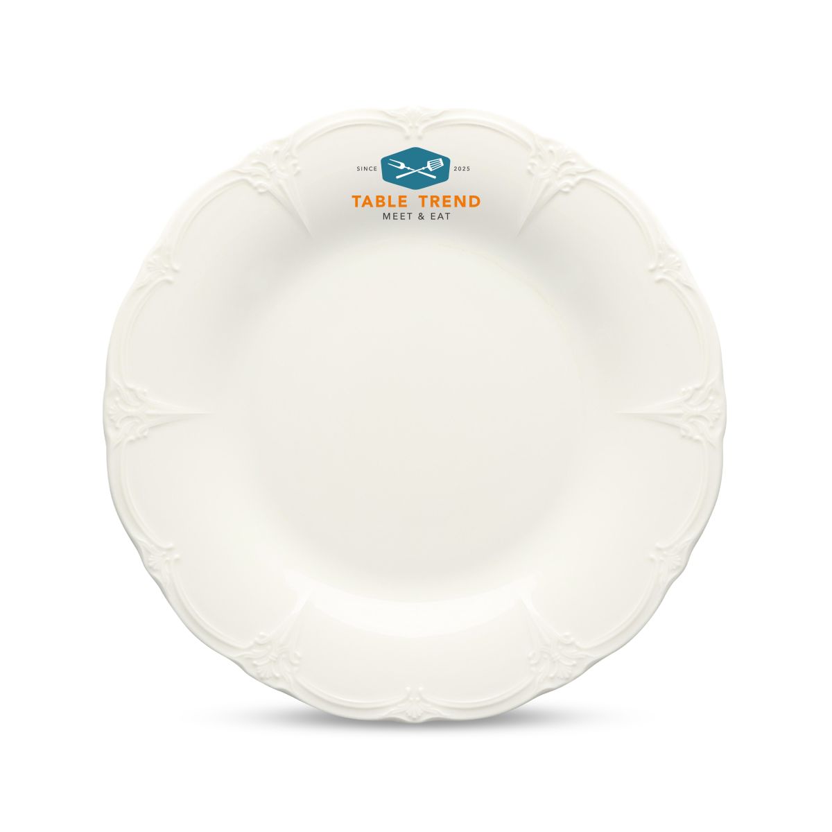 Porseleinen bord Retro 21,5 cm met meerkleurig logo van TableTrend in het midden van het vooraanzicht.