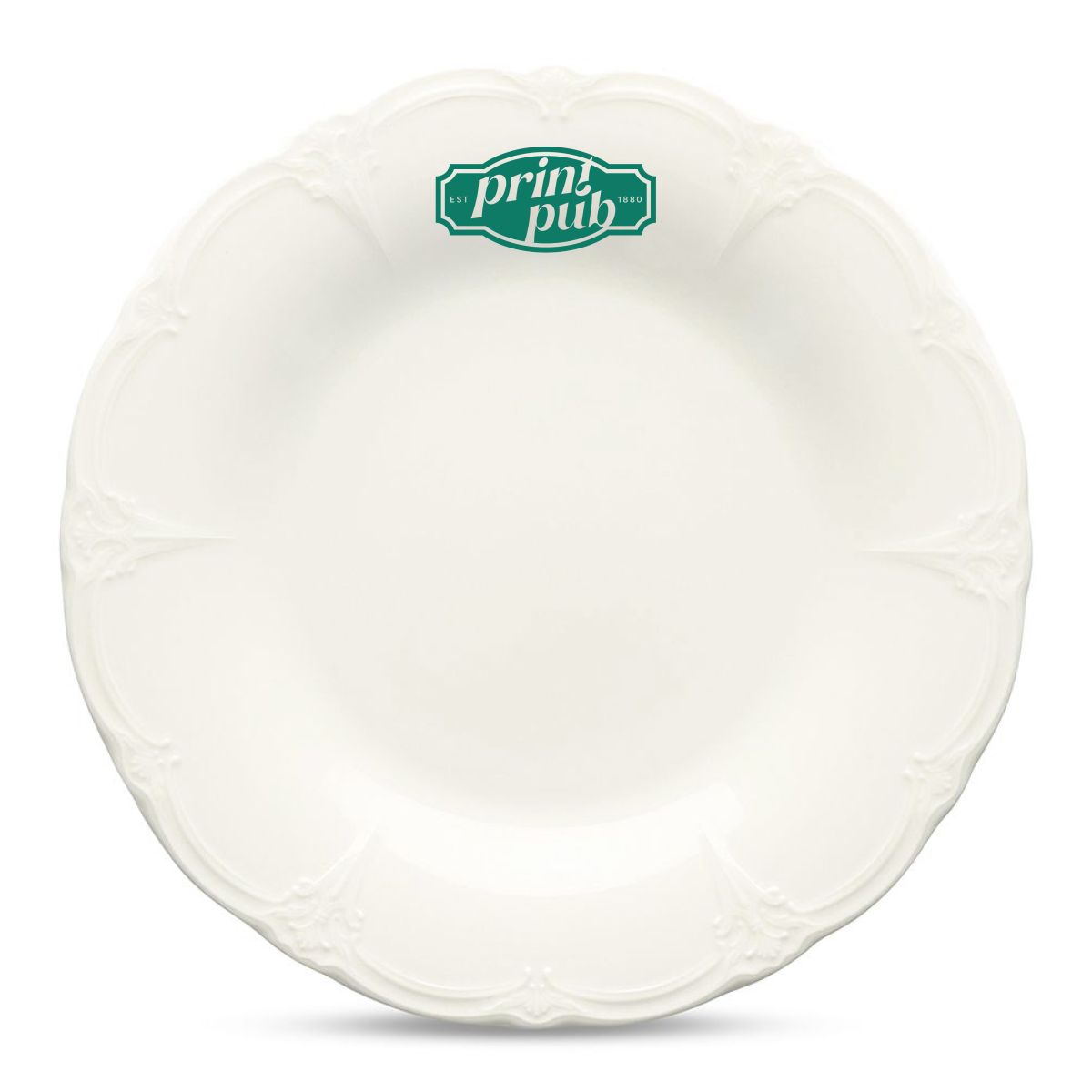 Vooraanzicht van Bord Retro 27 cm porselein met eenkleurig PrintPub-logo gecentreerd bedrukt.