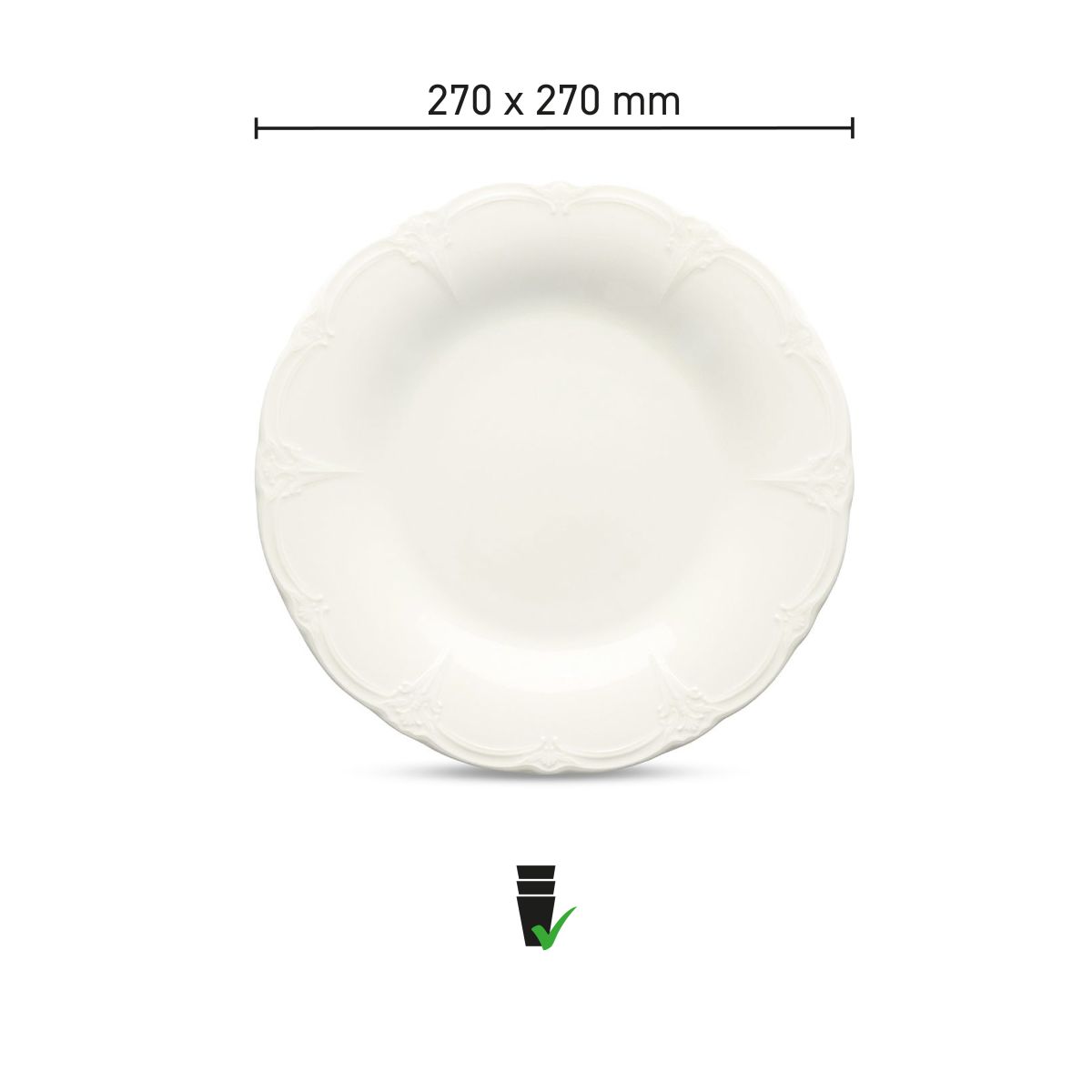 Infografisch overzicht met afmetingen van Bord Retro 27 cm porselein, inclusief diameter.