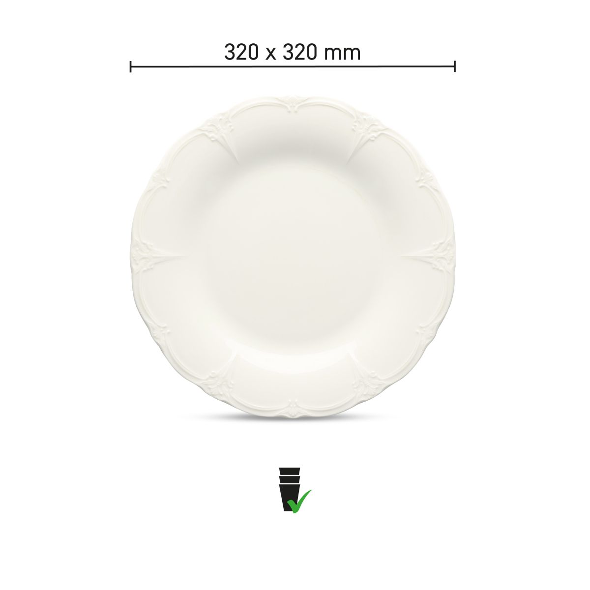 Infografische weergave van bord Retro 32 cm met porselein specificaties en diameter in beeld.