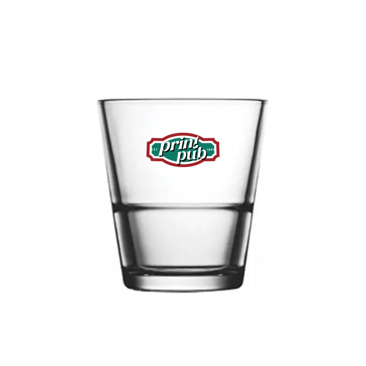 Borrelglas Stapel Grande S 7,2 cl. met meerkleurig PrintPub-logo op voorzijde, gedrukt op glad glasoppervlak.