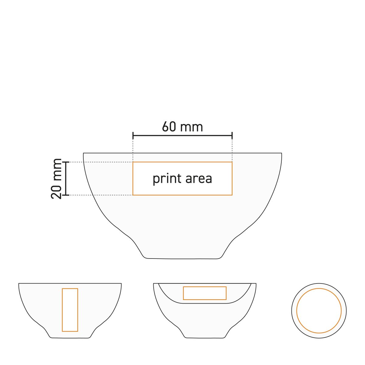 Technische werktekening van bowl wit 12 cm porselein met aanduiding van drukgebied op buitenzijde.