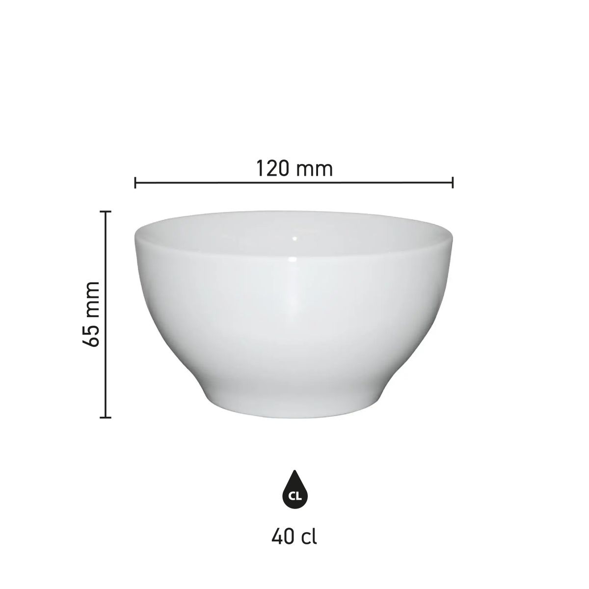 Infographic met productafmetingen van bowl wit 12 cm porselein, toont diameter, hoogte en inhoud.