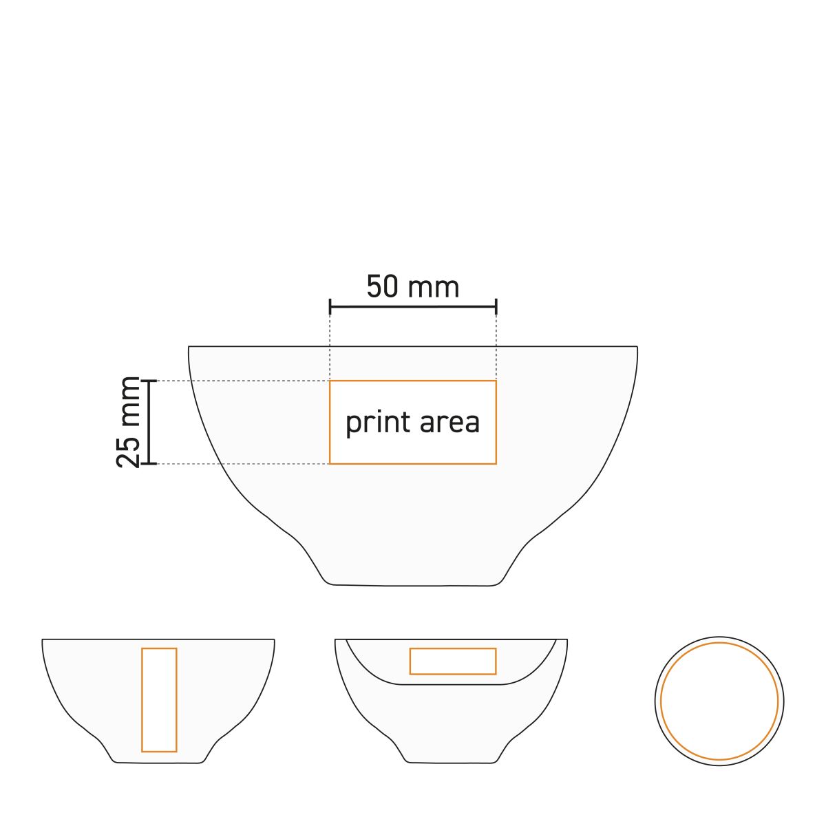 Technische werktekening van bowl wit 13,5 cm porselein met drukgebied voor bedrukking of gravure.