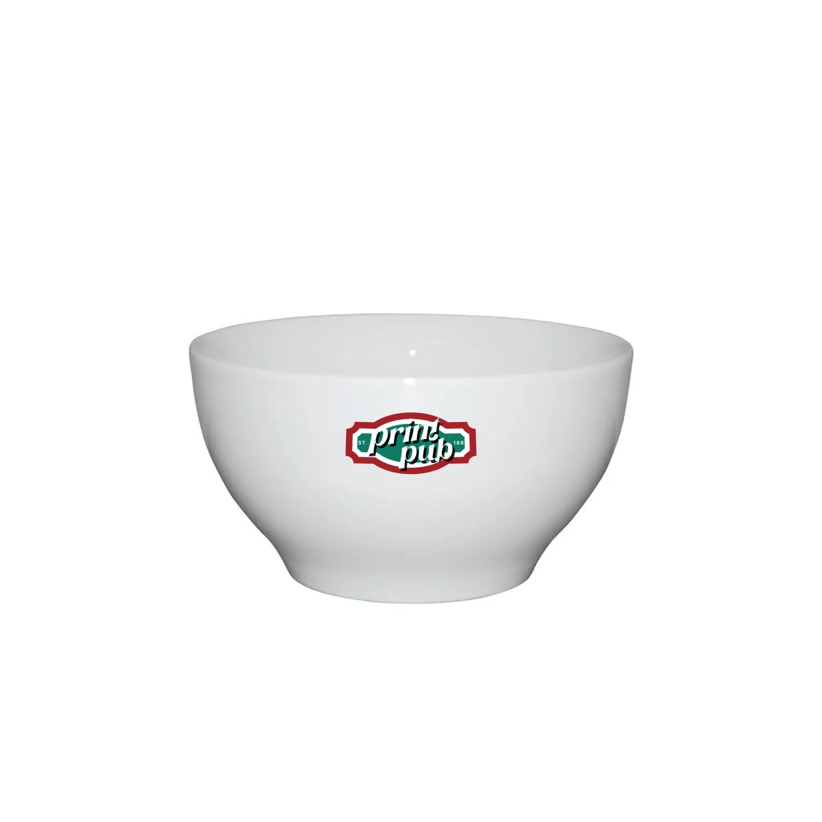 Bowl wit porselein 13,5 cm bedrukt met meerkleurig PrintPub-logo zichtbaar op het voorvlak.