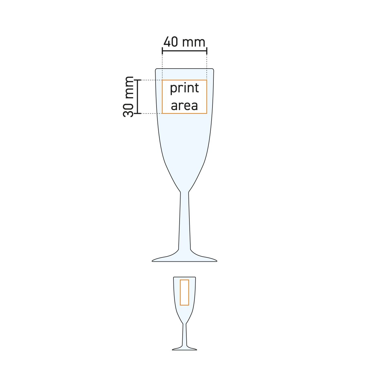Technische werktekening van Brasserie champagneflute 15 cl. met weergave van het beschikbare drukgebied.