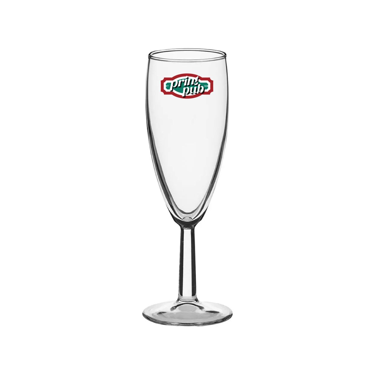 Brasserie champagneglas 15 cl. bedrukt met meerkleurig PrintPub-logo op de voorkant van het transparante glas.
