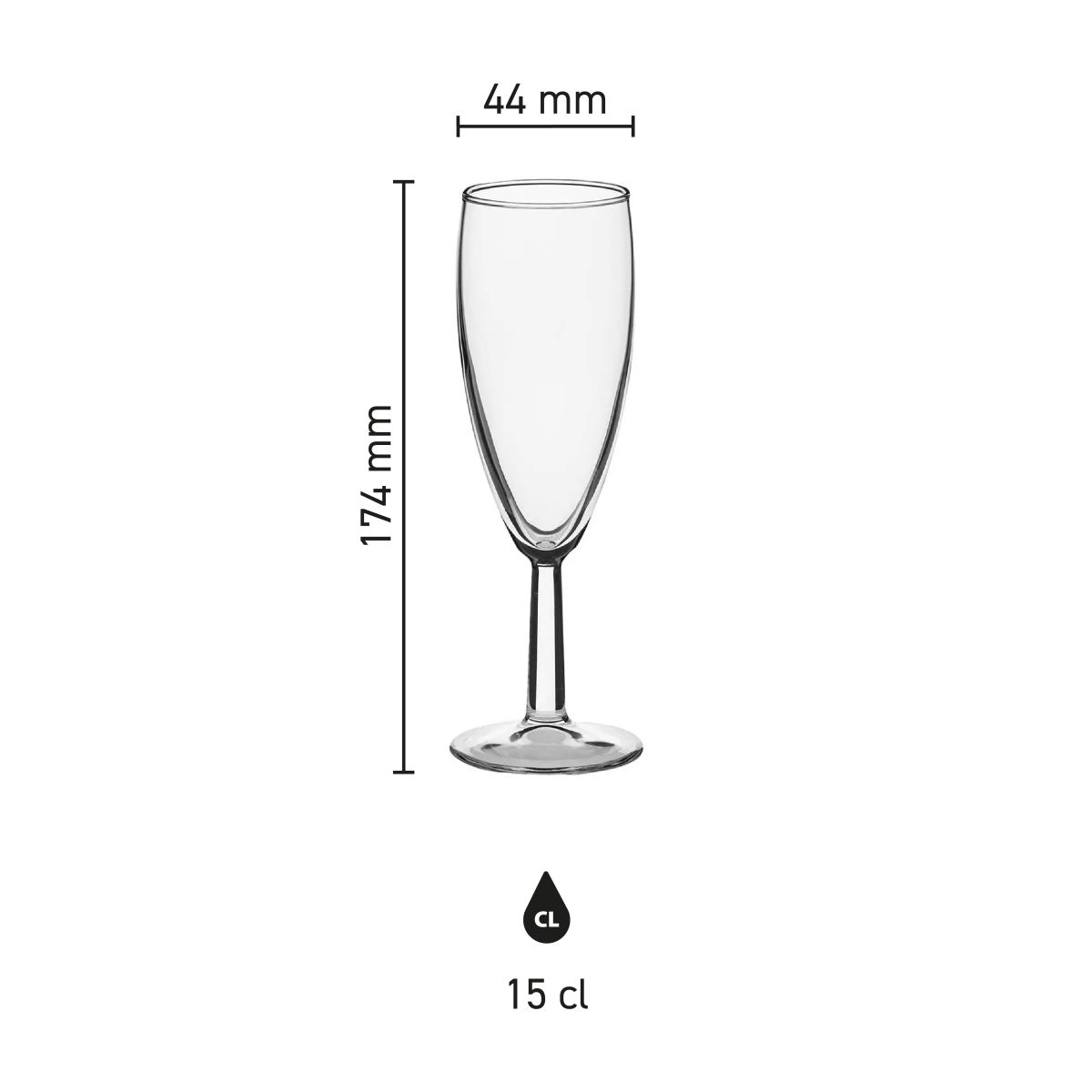 Infographic met gedetailleerde afmetingen van de Brasserie champagneflute 15 cl. inclusief hoogte en kelkdiameter.