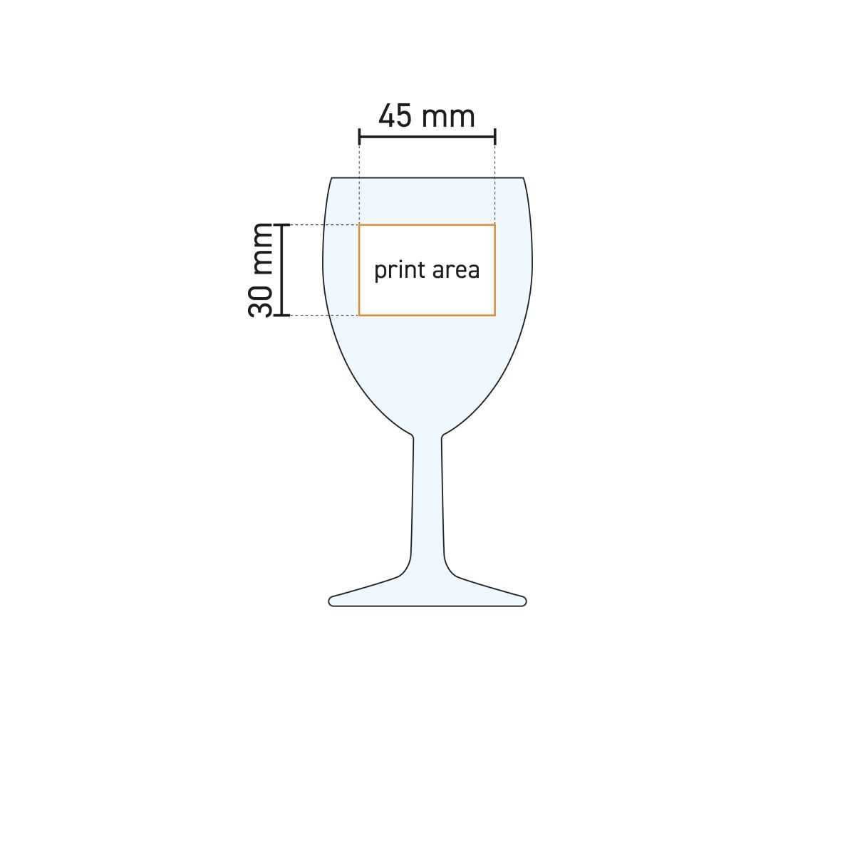 Technische werktekening van Brasserie wijnglas 19,5 cl. met drukgebied voor logobedrukking of gravure.