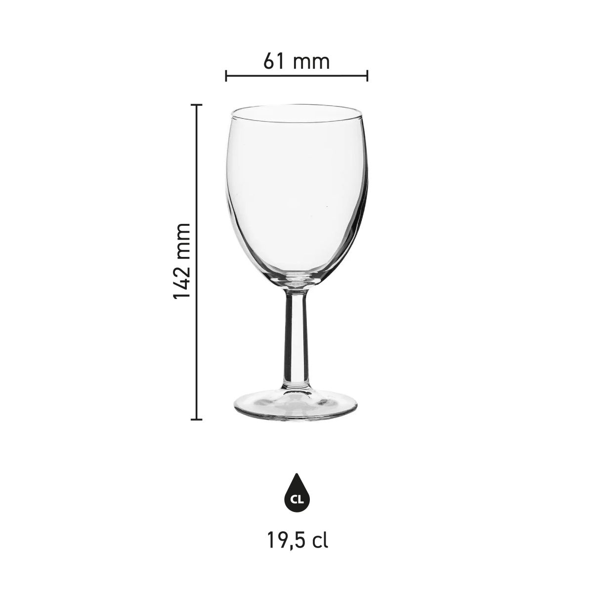 Infographic met maatvoering van Brasserie wijnglas 19,5 cl. toont hoogte, kelkbreedte en inhoud.
