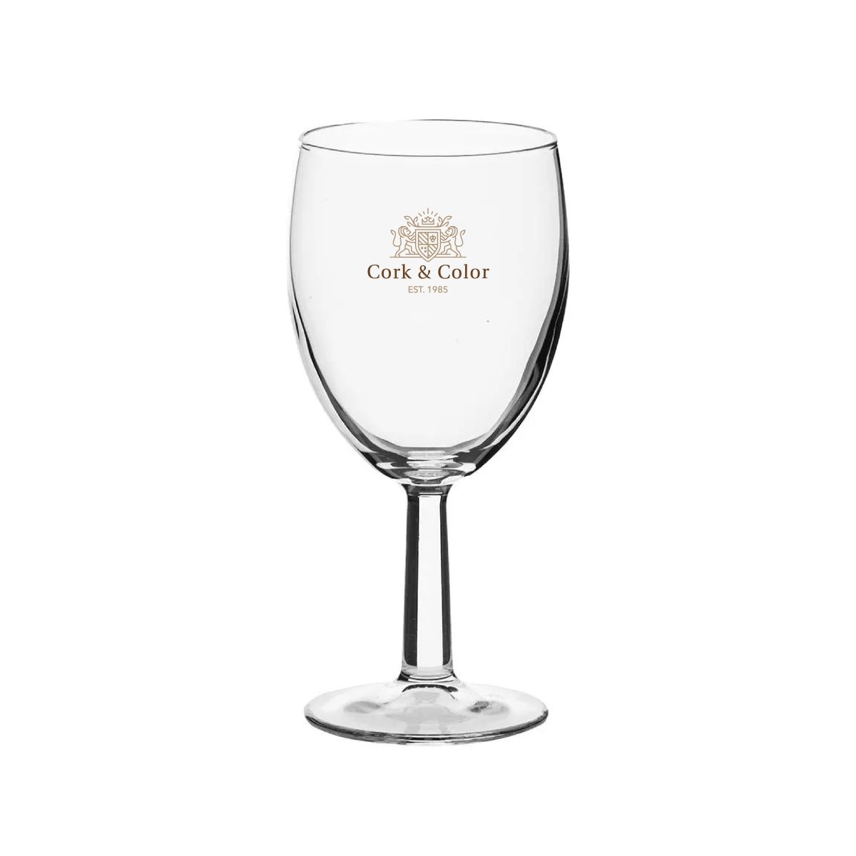 Brasserie wijnglas 24,5 cl. bedrukt met meerkleurig CorkColor-logo op het midden van de glaswand.