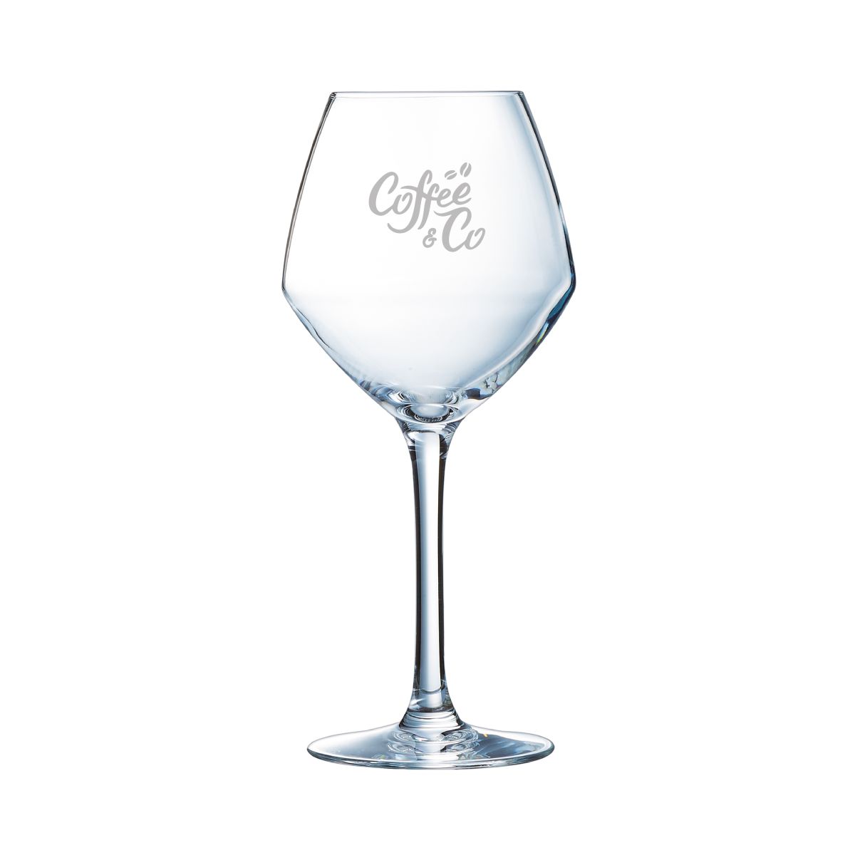 Glazen Cabernet young wijnglas 35 cl met fijne gravure van CoffeeCo-logo aan de voorzijde.