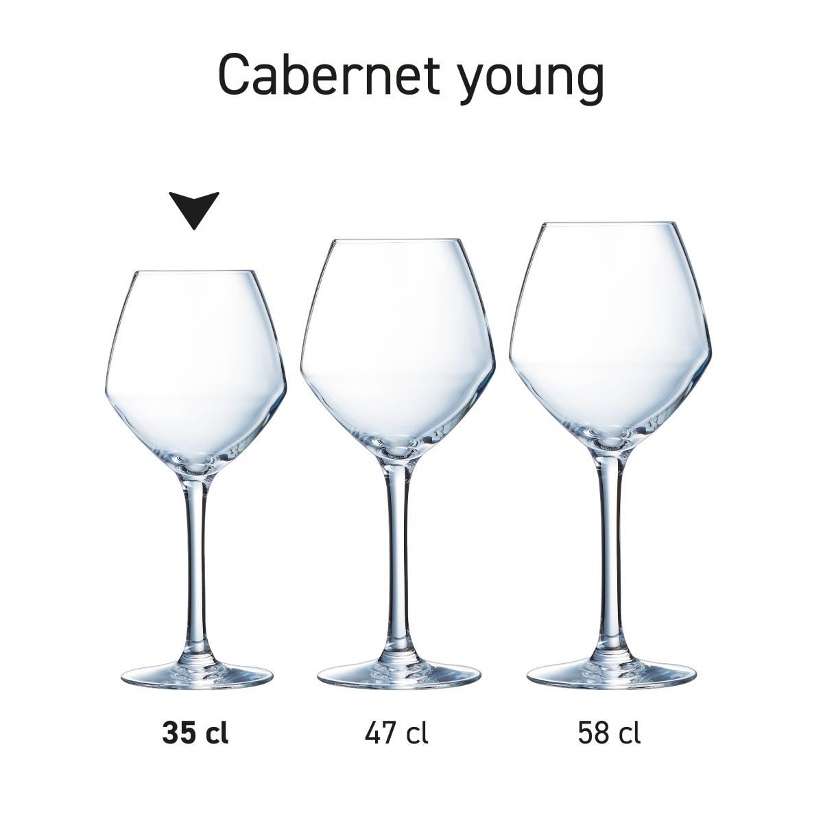 Overzicht van meerdere Cabernet young wijnglazen als serie gepresenteerd op rij.