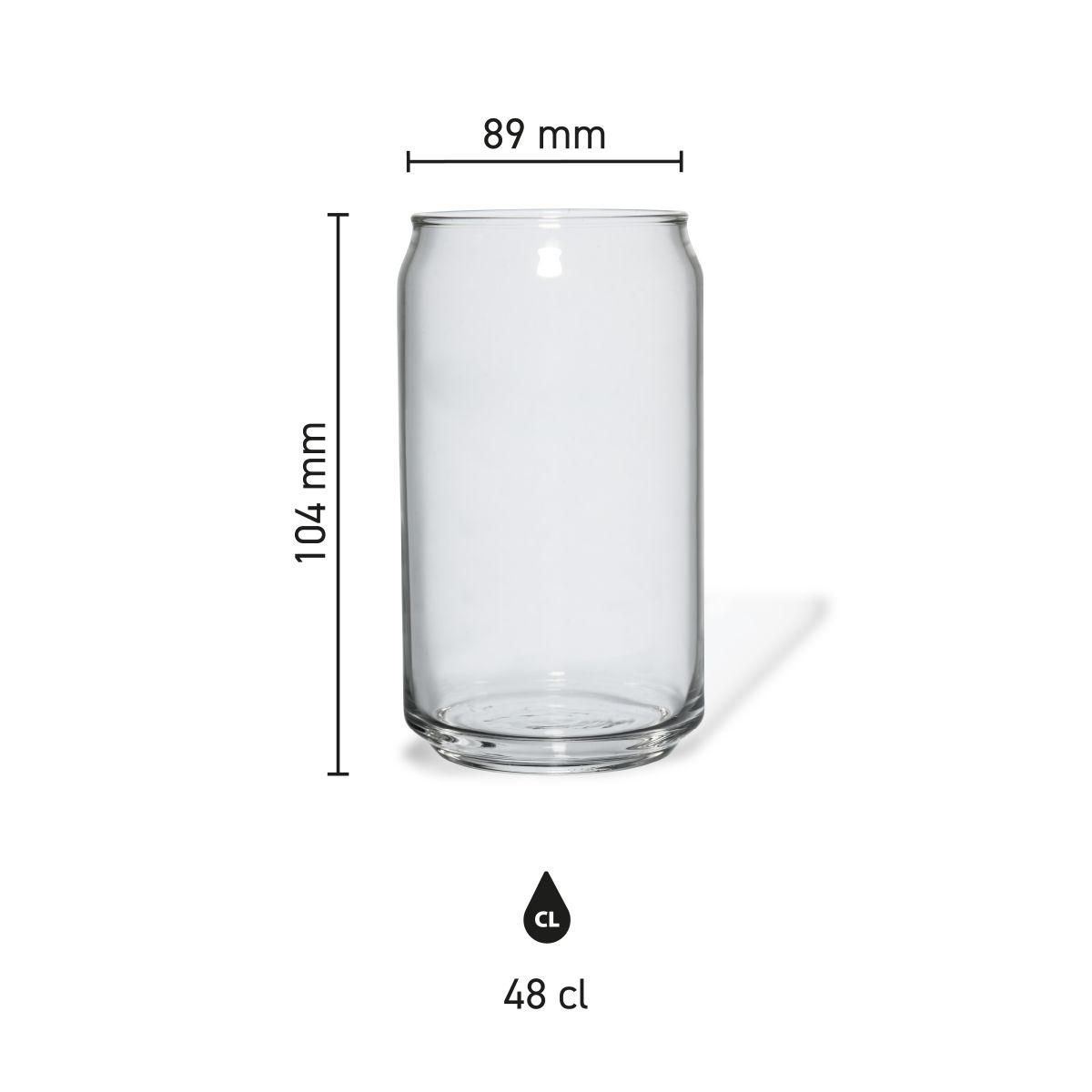 Maatvoering van het Can glas 48 cl met hoogte, diameter en inhoud in infographic