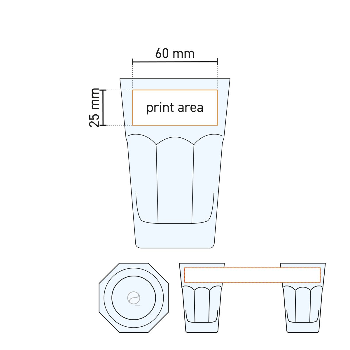Technische werktekening van het Casablanca Latte glas 29,5 cl. (120 mm) met aangegeven drukvlak.