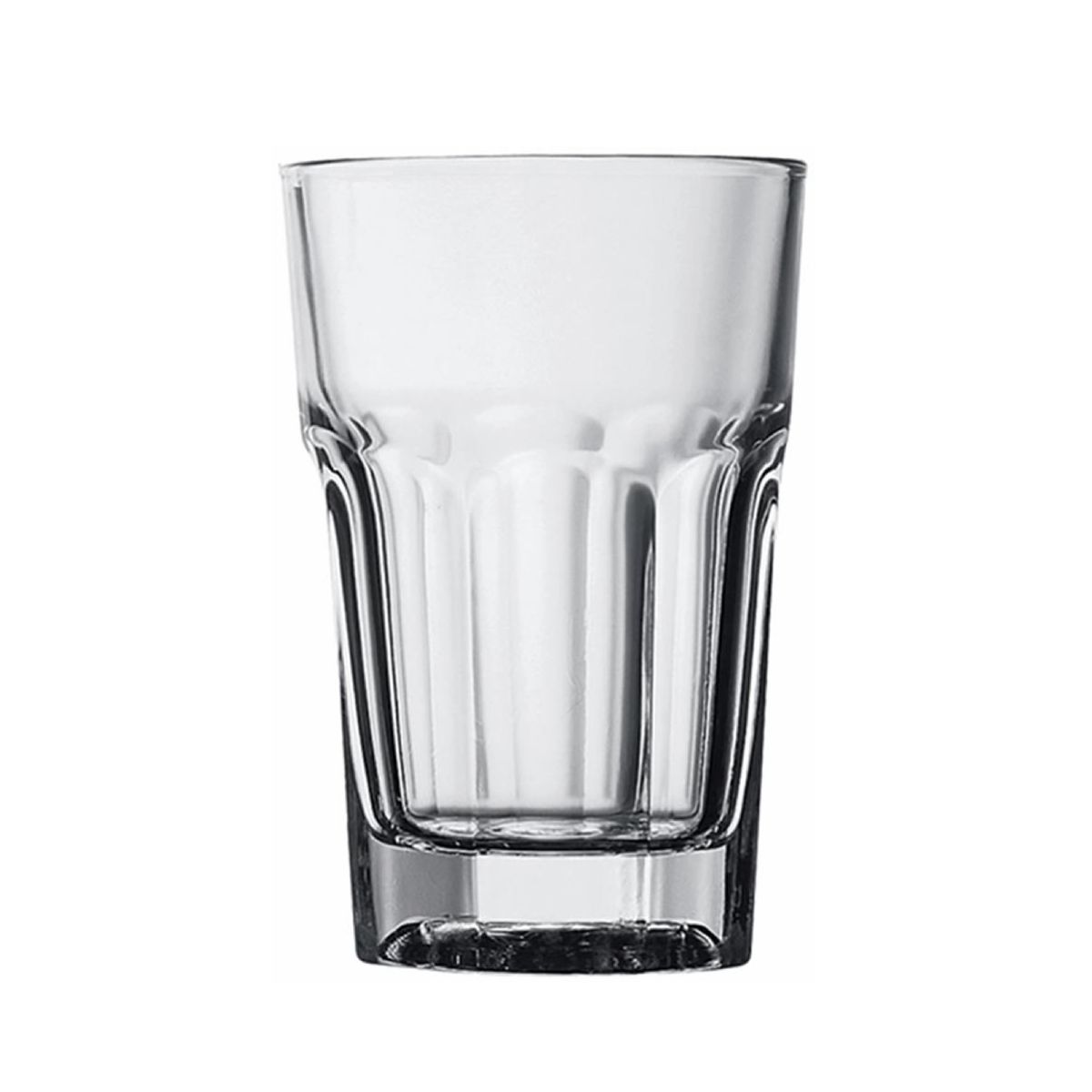 Voorzijde van het Casablanca Latte glas 29,5 cl. (120 mm) met licht conisch ontwerp en geribbelde structuur.