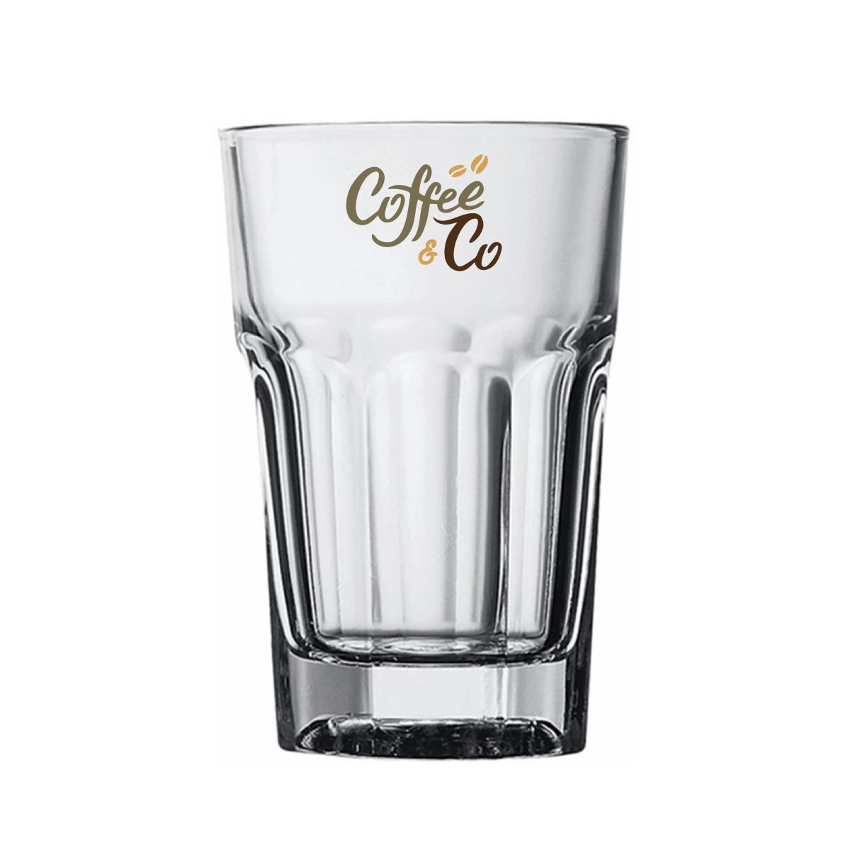 Kleurendruk van het CoffeeCo-logo op de voorzijde van het Casablanca Latte laag glas 29,5 cl.